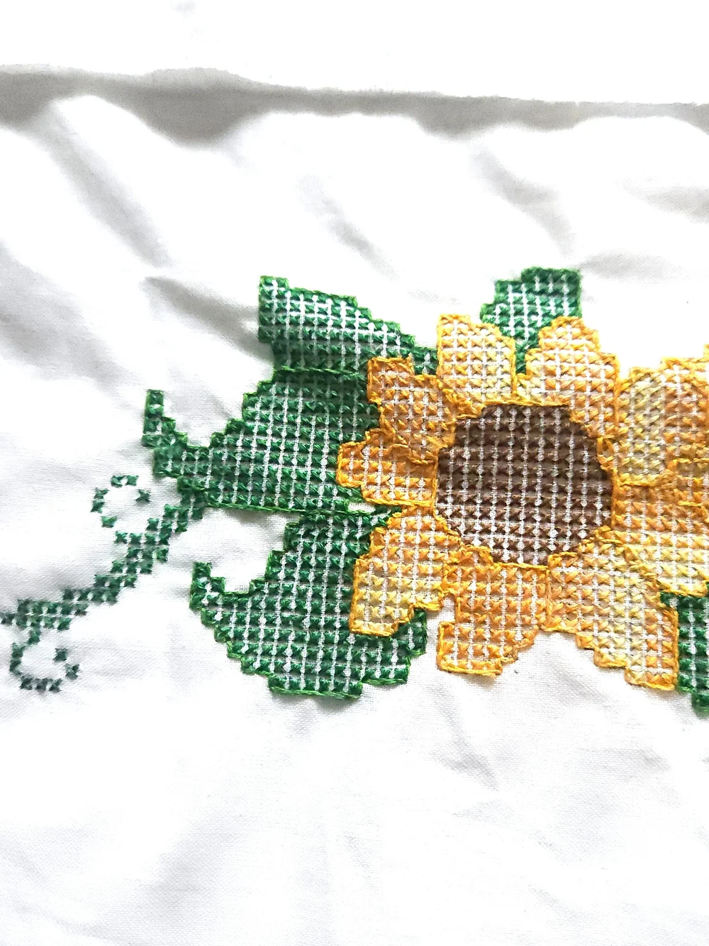 Pair Hand-Embroidered Sunflower Cross Stitch Pillowcases in Yellow and Green